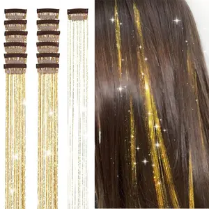 Hair Tinsel Packs of 12Pcs Clip in Hair Tinsel Kit 20 Inch Fairy Hair Tinsel Heat Resistant for Women Girls Glitter Hair Extensions for Christmas New Year Halloween Cosplay Party