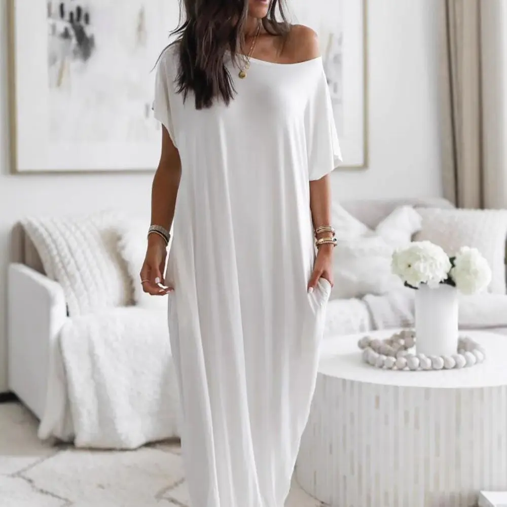 Women's 2026 Short-Sleeve Cloud Fabric Lady Maxi Dress - Casual Solid Color Loose-Fit Strappy Lightweight Soft T-Shirt Dress with Side Pockets, S-XXL Women's Clothes for Beach Vacation & XL Casual Wear