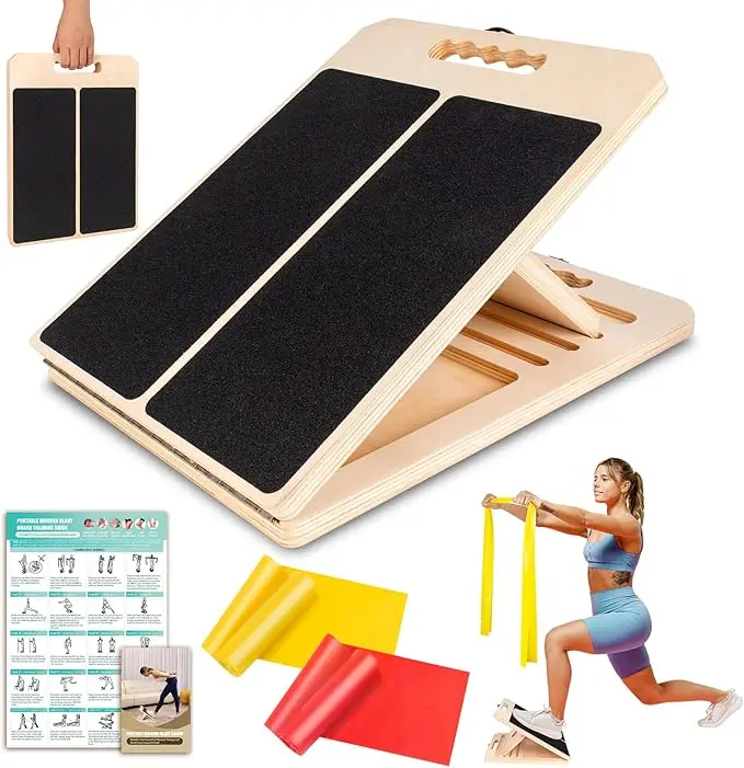 Calf Slant Board with Exercise Bands and Poster for Fitness Training - Wooden Design for Calf Workouts