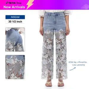 High Waist Wide Leg Lace Denim Jeans for Women Stretchy Rhinestone Black Pants Summer Style Cotton Viscose Polyester Trouser Gift BBL #SummerVibes