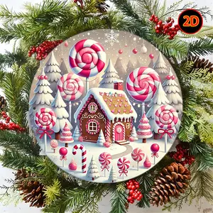 2D Flat, 7. 8-Inch Round Christmas Metal Wall Art - Gingerbread House, Candy Trees & Lollipops - Pink & Brown Holiday Decor - Durable Aluminum Sign for Home, Office, or Gift - Candyland Winter Wonderland Decoration, Candyland Christmas Decorations, Perfec