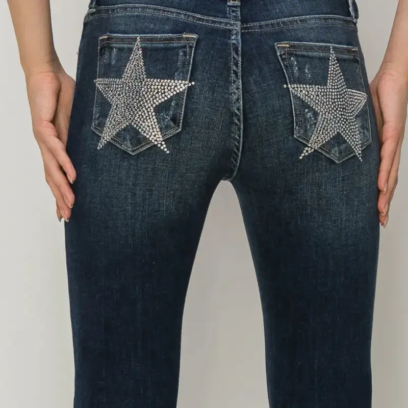Mid Rise Super Flare Star Rhinestone On Back Pockets Jeans with Sparkling Star Detailing