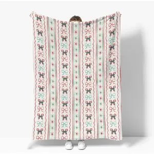 Flannel Blanket | Red & Green Christmas Candy Stripes Bows Soft Flannel Baby Blanket, Festive Winter Holiday Nursery Crib Swaddle Blanket For Infant Toddler Boy Girl, Cozy Warm Home Bed Decor | Home & Gift