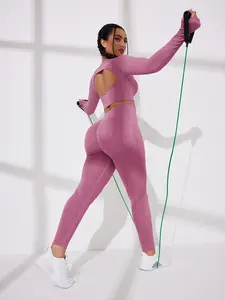 Women's Two-Piece Gym Set, Long Sleeve Top & High Waist Pants, Suitable for Gym & Yoga, Sporty Ruched Backless Design, Backless Gym Clothes, Gym Clothes Workout