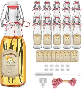 10 Pack Swing Top Glass Vanilla Extract Bottles 8 oz with , Vanilla Labels & Funnel, Boston Round Bottles for Homemade Syrup, DIY Gifts, Flip Top Jars for Extract