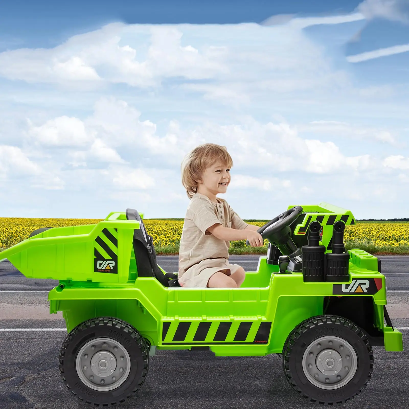 Gaomon 12V Motor Single Seat 4WD Electric Ride-On Dump Truck, Construction Look Toy Vehicle with Remote Control, Manual Mode, Electric Dump Bed, Shovel, MP3 Player, Headlights, Horn, Key Start, Protective Cage, Outdoor Play Green Gift