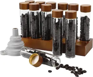 Coffee Espresso Bean Storage Tubes Set – 12pcs 60ml Airtight Glass Single Bean Coffee Storage Tube with Bamboo Lids & Walnut 12-Slot Stand, Espresso Container with Funnel & Labels for Barista Bottles