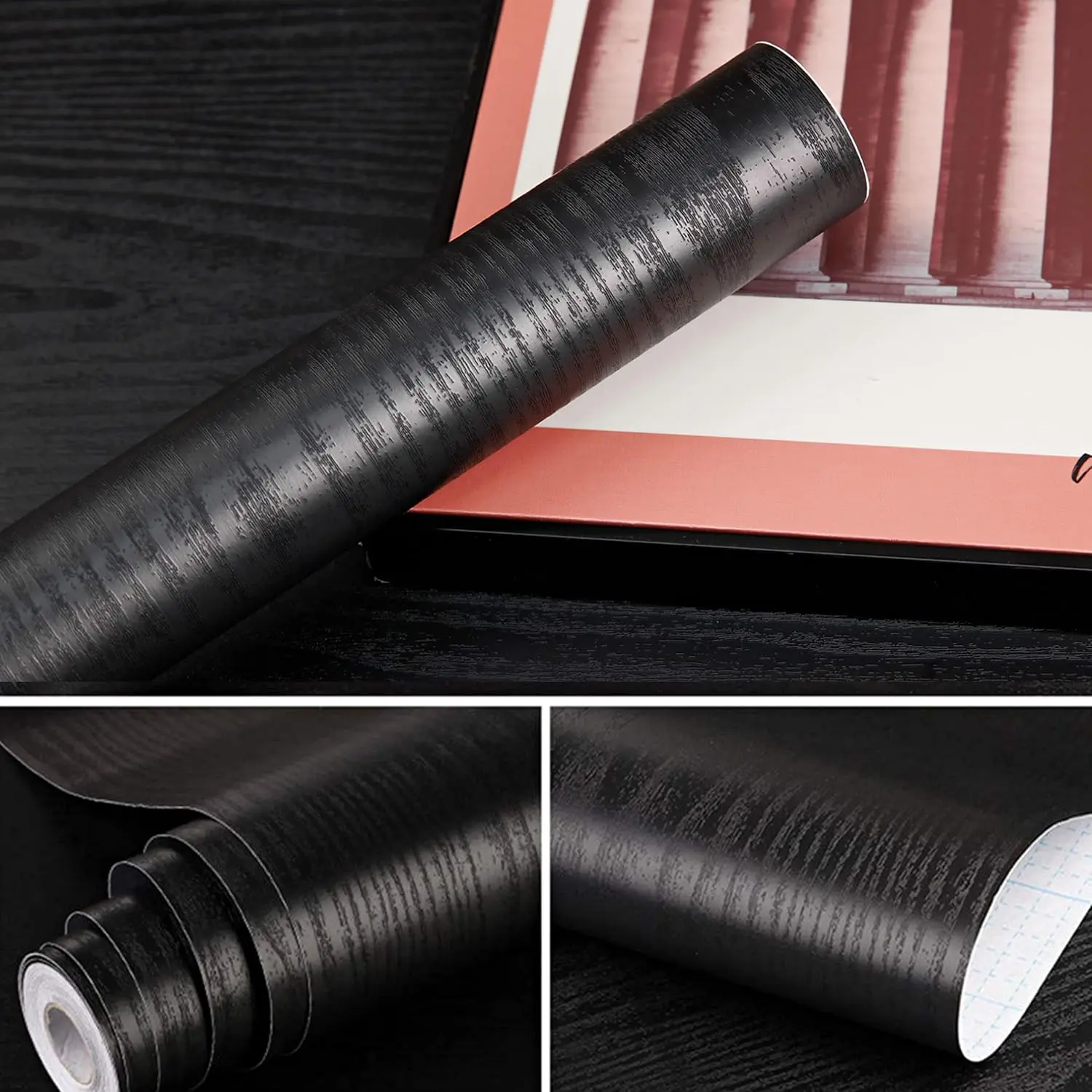 Black Wood Grain Peel and Stick Wallpaper - Waterproof Removable Contact Paper for Countertops, Cabinets
