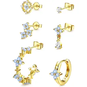 Sweet 6 Pcs Golden Small Golden Hoop Earrings Stacks for Women Men Cute Flowers Hypoallergenic Chunky Golden Cartilage Stud Earrings for Multiple Piercing Lightweight Earrings Trendy Huggie Earring Set