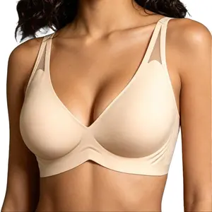 Women's Seamless V-Neck Wireless Jelly Bra, Wide Shoulder Design, Medium Support, Fitted Lined Bra for All Seasons jelly bras summerwins