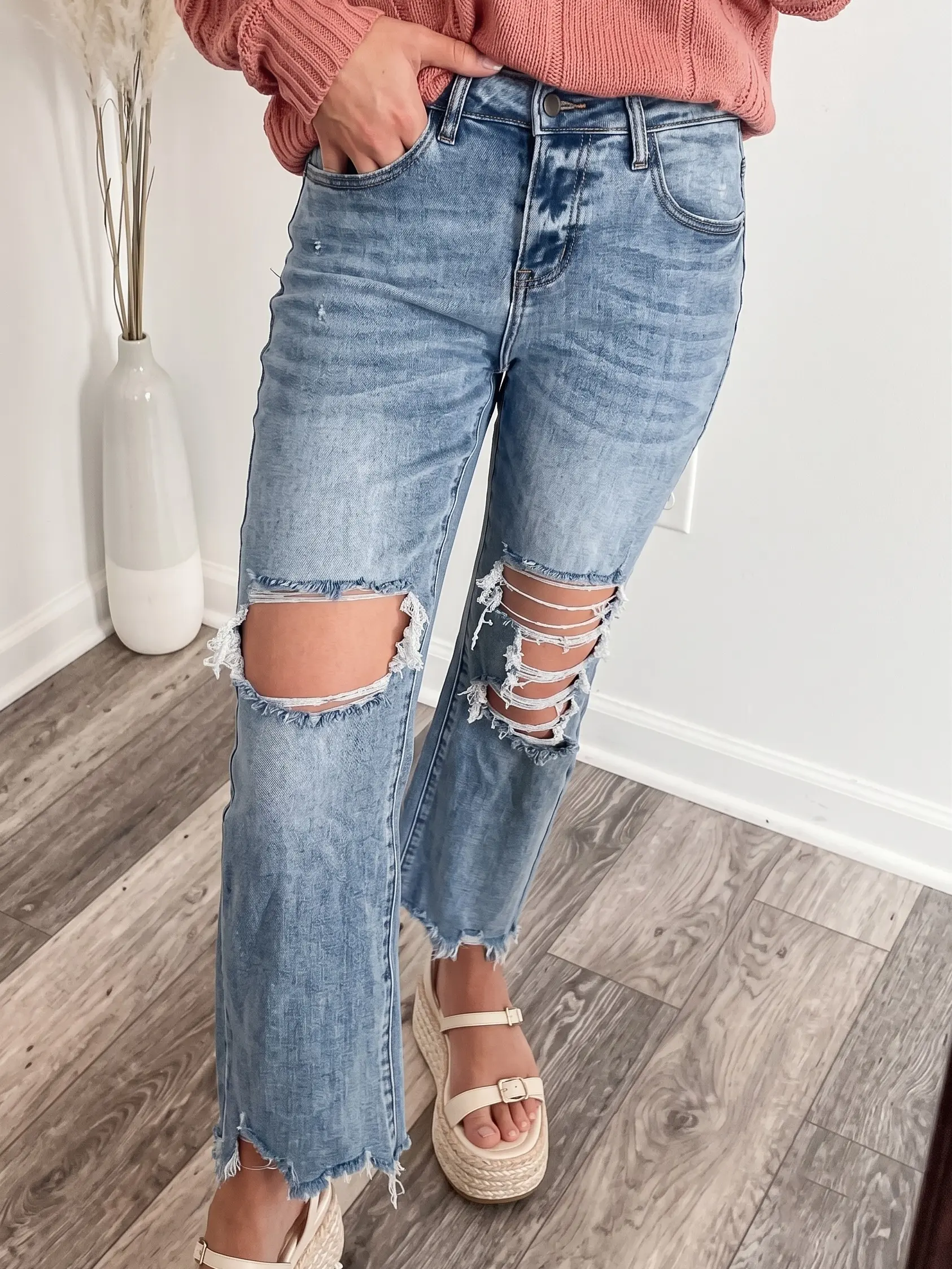 Women's High Waisted Distressed Jeans Ripped Knee Light Wash Denim Straight Leg Pants with Raw Hem 93%Cotton.  #Denim #Y2KFashion #Streetwear #Jeans