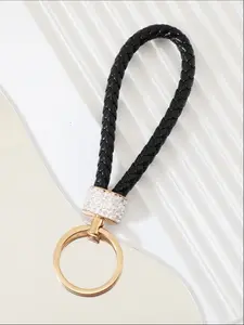 Elegant Rhinestone Ceramic Keychain, Braided Leather Rope Car Key Ring, Metal Pendant, Bag Accessory, Stylish and Durable Design