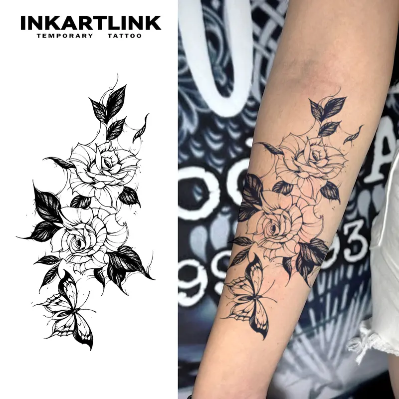 INKARTLINK Tattoo Tech, 2 Sheets Semi-Permanent Temporary Tattoos, Flower Design Series, ,Adult Art Design,Lasts 1-2 Weeks, Waterproof, Realistic Look, No Adhesive, No Reflection,For Man And Woman ,Ideal for Swimming, Party,