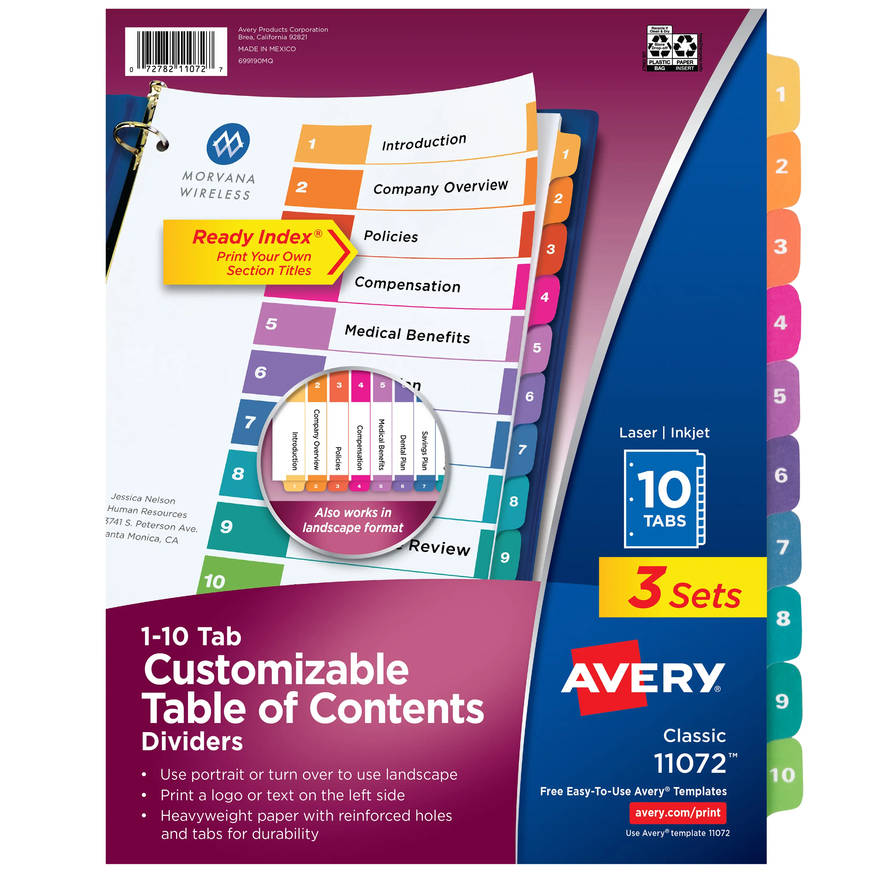 Avery Dividers for 3 Ring Binders, 10 Tabs per Set, Customizable Table of Contents, Multicolor Tabs (3 Sets of 11072)