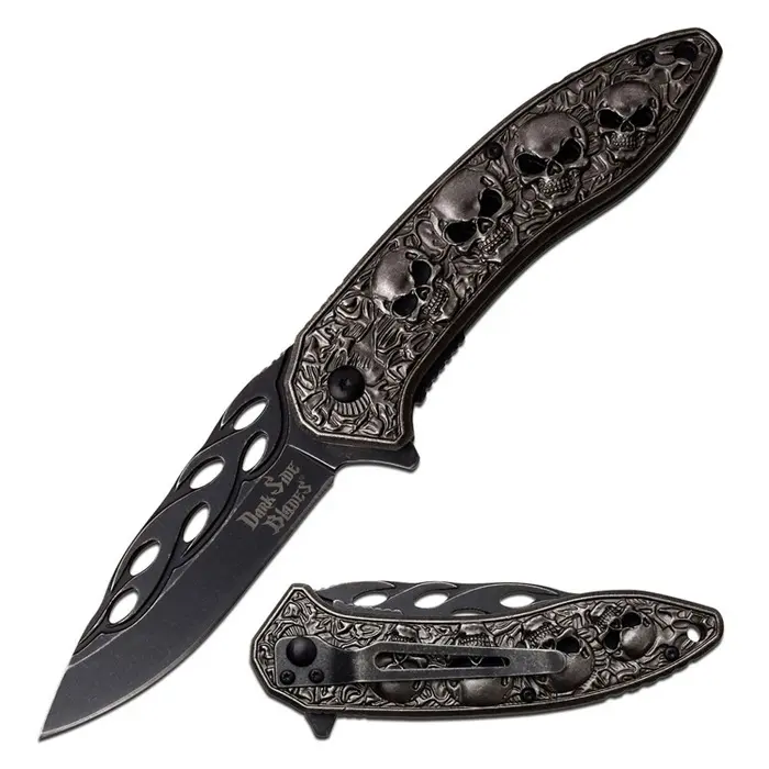 Pocket Knife Folding Metal Grey Design Double Sided Grey Stonewash Skull Gardening Pruning