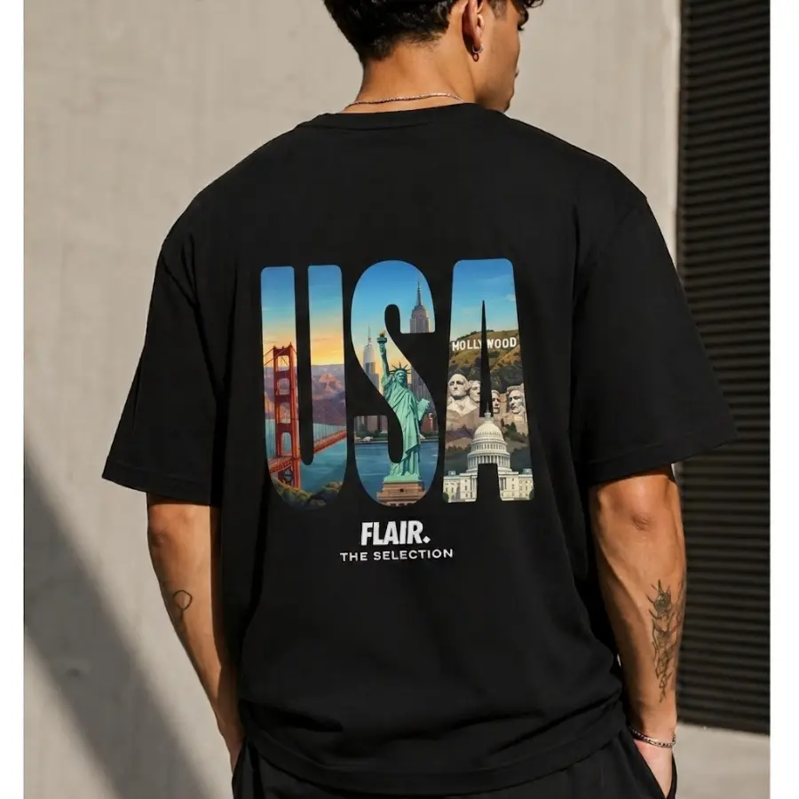 Vintage USA Landmark Graphic T-Shirt - Men's Short Sleeve Heavy Cotton Crewneck Tee, Classic American City Skyline Oversized Streetwear Shirt Casual Sports Top