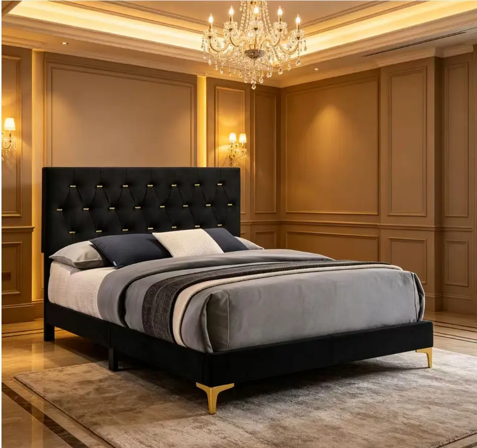 Bellemave Black Gothic Glam Industrial Queen-Size Velvet Platform Metal Bed Frame with Headboard - Modern Upholstered Tufted Headboard, Golden Metal Legs, Assembly Required, No Fire Safety Label, Ideal for Luxury Bedrooms, Modern Upholstered Bed