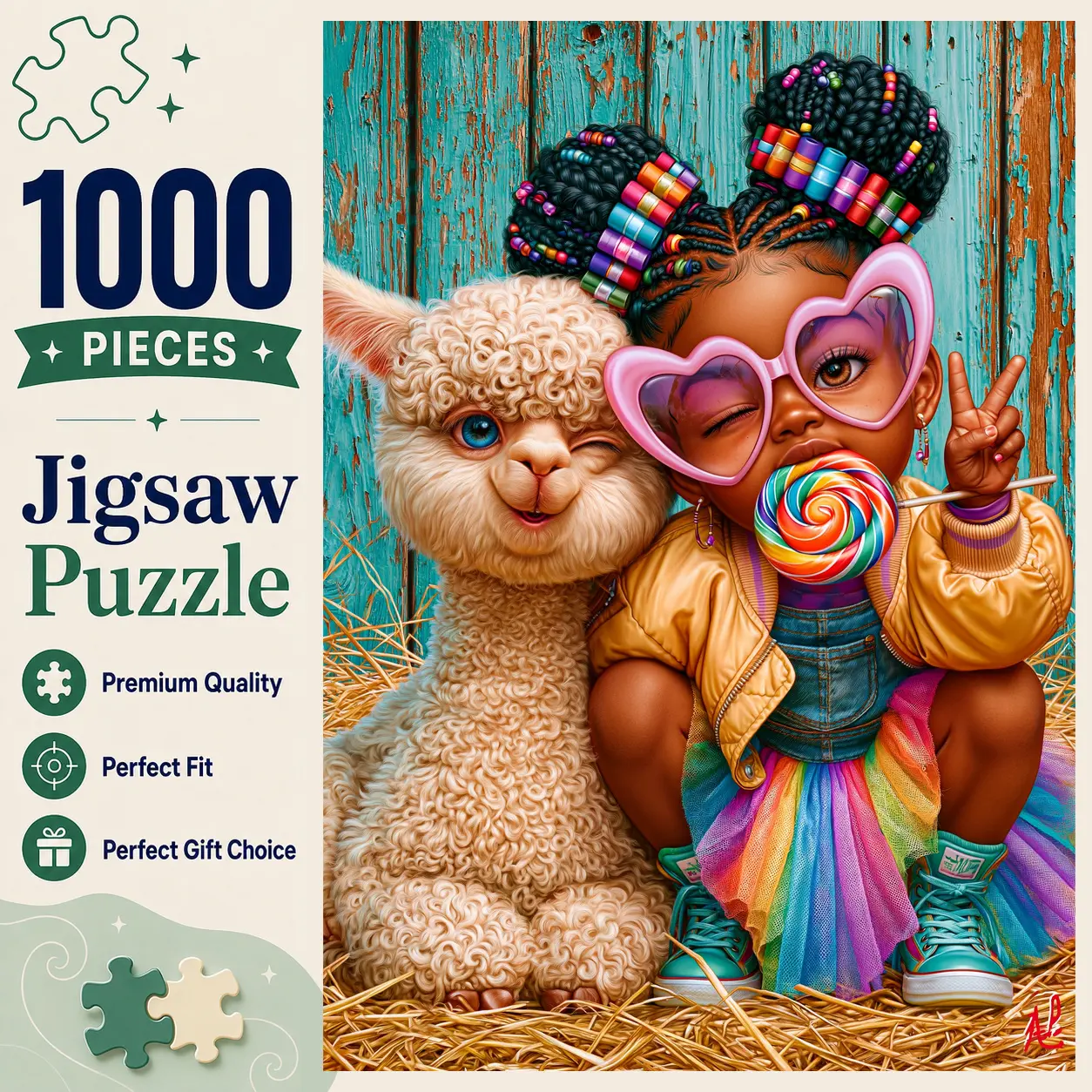 Cute Girl and Alpaca 1000 Pieces Jigsaw Puzzle for Adults, Colorful Heart Sunglasses and Lollipop Art for Family Game Night, Relaxing Stress Relief Brain Exercise, Challenging Wall Decor Gift for Women and Seniors, 19.7x29.5inch(50x75cm)