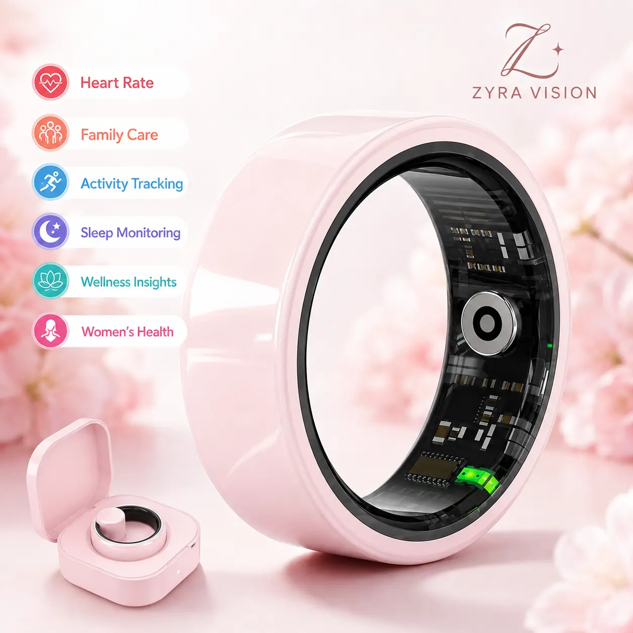 New Ceramic Pink Smart Ring for Women, Heart Rate, Sleep, Blood Oxygen, Stress & Cycle Tracking, Multiple Sports Modes, IP68 Water Resistant, Charging Case, Free App, No Subscription, Compatible with iOS & Android，Zyra Vision