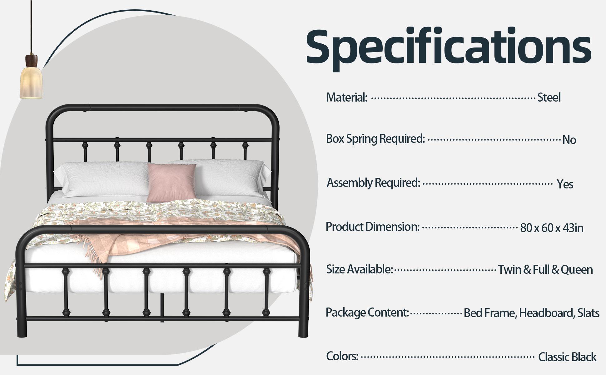 Walsunny Metal Platform Bed Frame Mattress Foundation with Victorian Style Iron-Art Headboard/Footboard, Under Bed Storage, Queen, Full, Twin Size