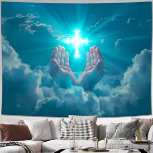 1pc 2D Flat Shining Raised Hands in Prayer Glowing Cross Background Cloth Living Room Bedroom Office Home Decoration Room Decoration Party Decoration Includes Installation Package Religious Ornaments