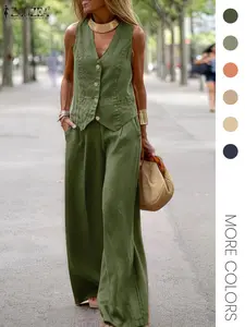 Women's Solid Color Tank Top & Wide Leg Pants Set, Casual Sleeveless V Neck Top & Trousers for Daily Wear, Ladies Clothes for All Seasons, Office Siren Outfits