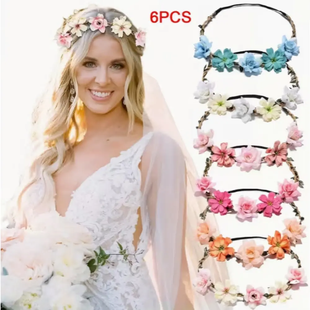 6-Piece Flower Headbands, Bohemian Fabric Crowns for Women, Girls & Toddlers - Colorful Set for Wedding, Birthday Party & Bridesmaids