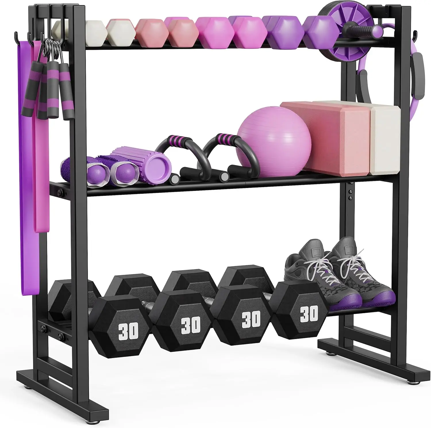 3‑Tier Dumbbell Rack Stand, Adjustable Width Home Gym Weight Storage Organizer with Wider Base and 8 Side Hooks, Heavy‑Duty 450LBS Capacity Weight Rack for Dumbbells, Kettlebells and Workout Gear