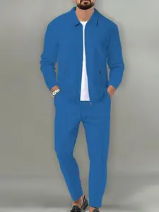 Men's Spring Summer Set, Two-Piece Jacket Waffle Texture Long Sleeves Muscle Show Design, Elastic Pants & Drawstring Waist, Casual Wear for Running