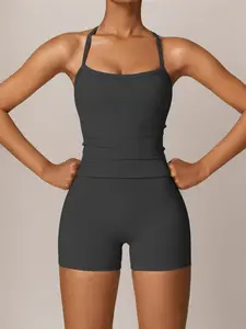 Women's Solid Backless Cami Top & Skinny Shorts Tracksuit Set, Sporty Casual Comfy Breathable Sleeveless Top & Shorts Set for Yoga Gym Workout Running, Ladies Sportswear for All Seasons, Athleisure Breathable Clothes, Athletic Tracksuit Set Workout Sets