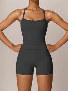 women's solid backless cami top & skinny shorts tracksuit set, sporty athletic comfy breathable sleeveless top & shorts set for yoga gym workout running, ladies sportswear for all seasons, gym sets for women, workout clothes, spring sportswear