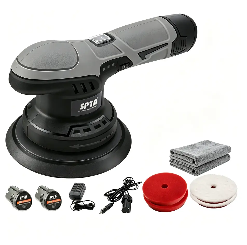 SPTA 5-Inch Car Buffing Machine, Variable Speed Handheld Polisher for Car Detailing with 4 Polishing Pads, Portable Handheld Tool Includes Pads Kit for Automotive Waxing & Maintenance