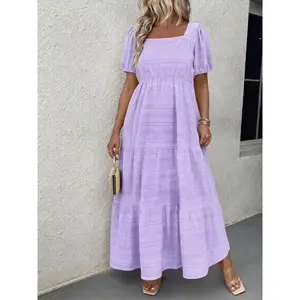 Plus Size Women’s Solid Color Square Neck Fitted Dress, Summer Short Sleeve Waist Cinching Dress, Casual Fashion Long Hem Dress