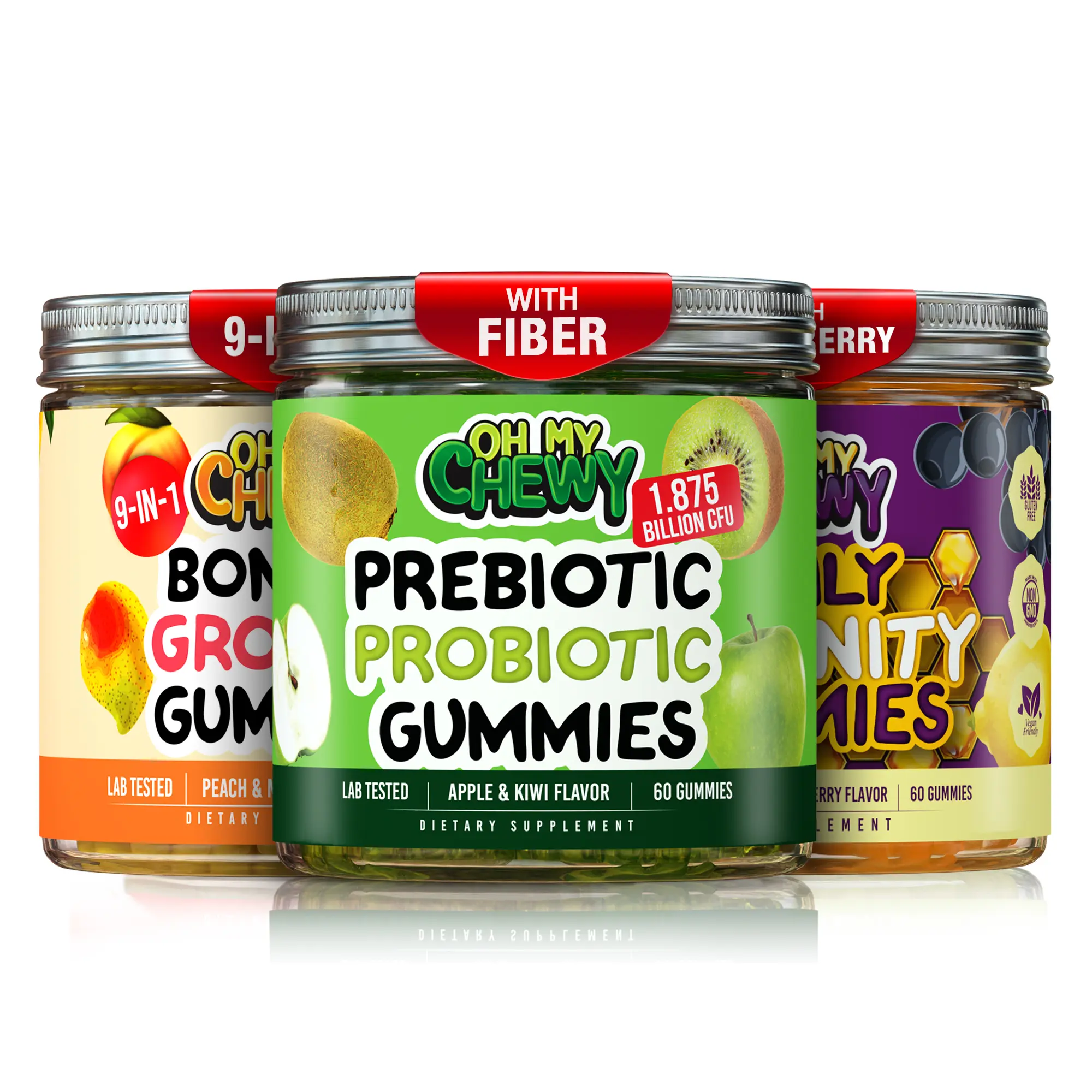 OH MY CHEWY Chewable Gummy Vitamins Supplements Bundle - 3 Bottles (60 Each) - Prebiotic, Probiotic & Fiber; Bones & Growth; Immunity - Apple Kiwi, Peach Mango, Elderberry Honey Natural Dietary Supplement Healthy Snacks for Outdoor Fun