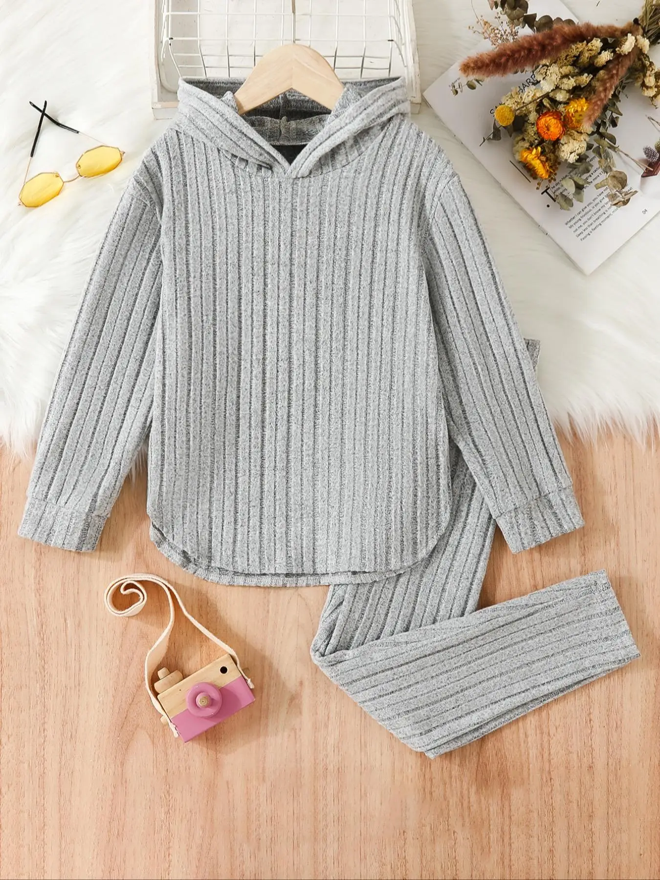 Two-piece Set Girl's Solid Ribbed Long Sleeve Hoodie & Elastic Waist Pants Set, Casual Hooded Sweatshirt & Trousers for Spring & Fall , Kids Clothes f