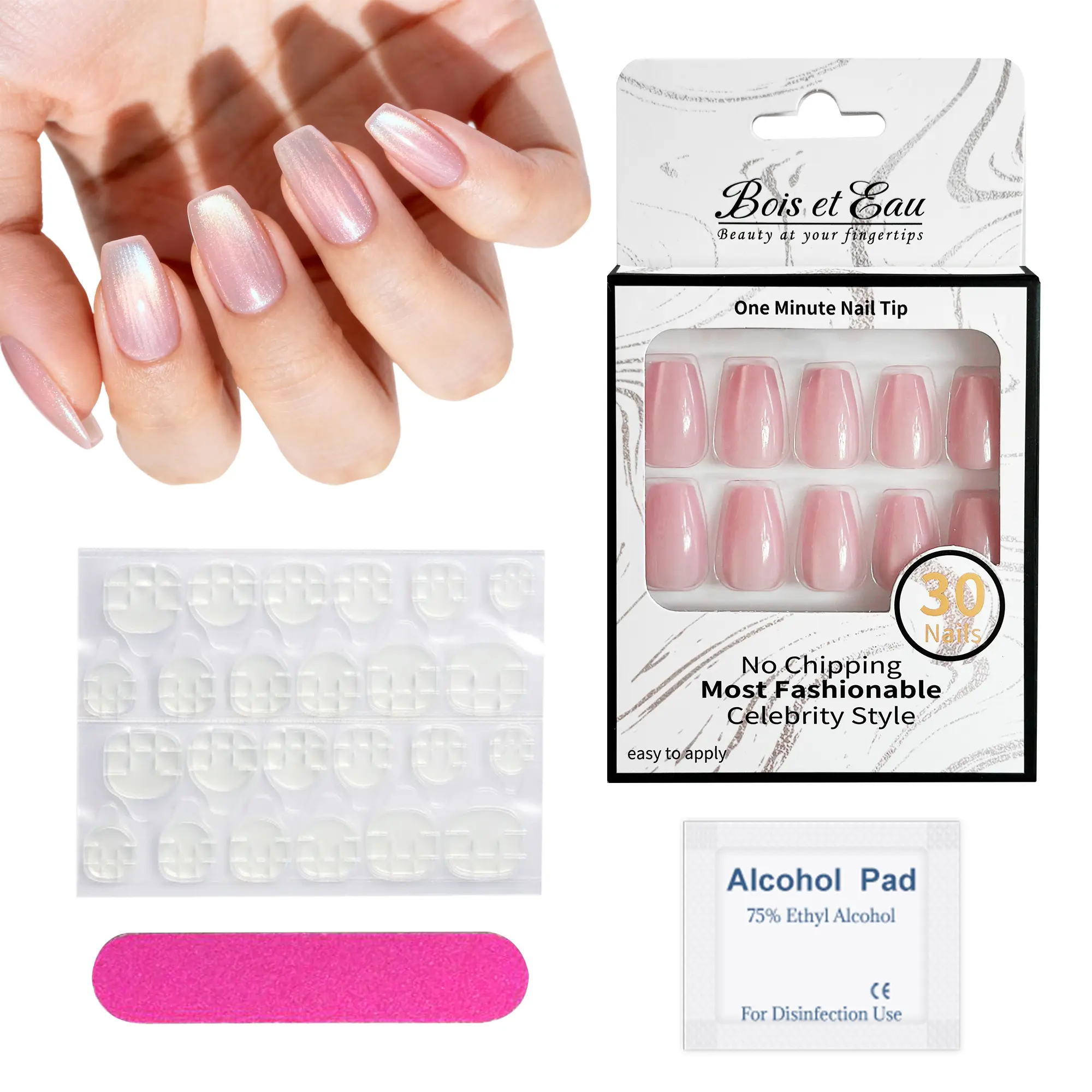 Nude Pink, Pink & Black Cat Eye Press On Nails Set | Magnetic Shimmer Fake Nails | Reusable Manicure Tips