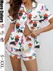 Women's Dog Print Pajama Set, Casual Summer Sleepwear, Soft Shirt Collar Top & Elastic Shorts, Comfortable Home Wear