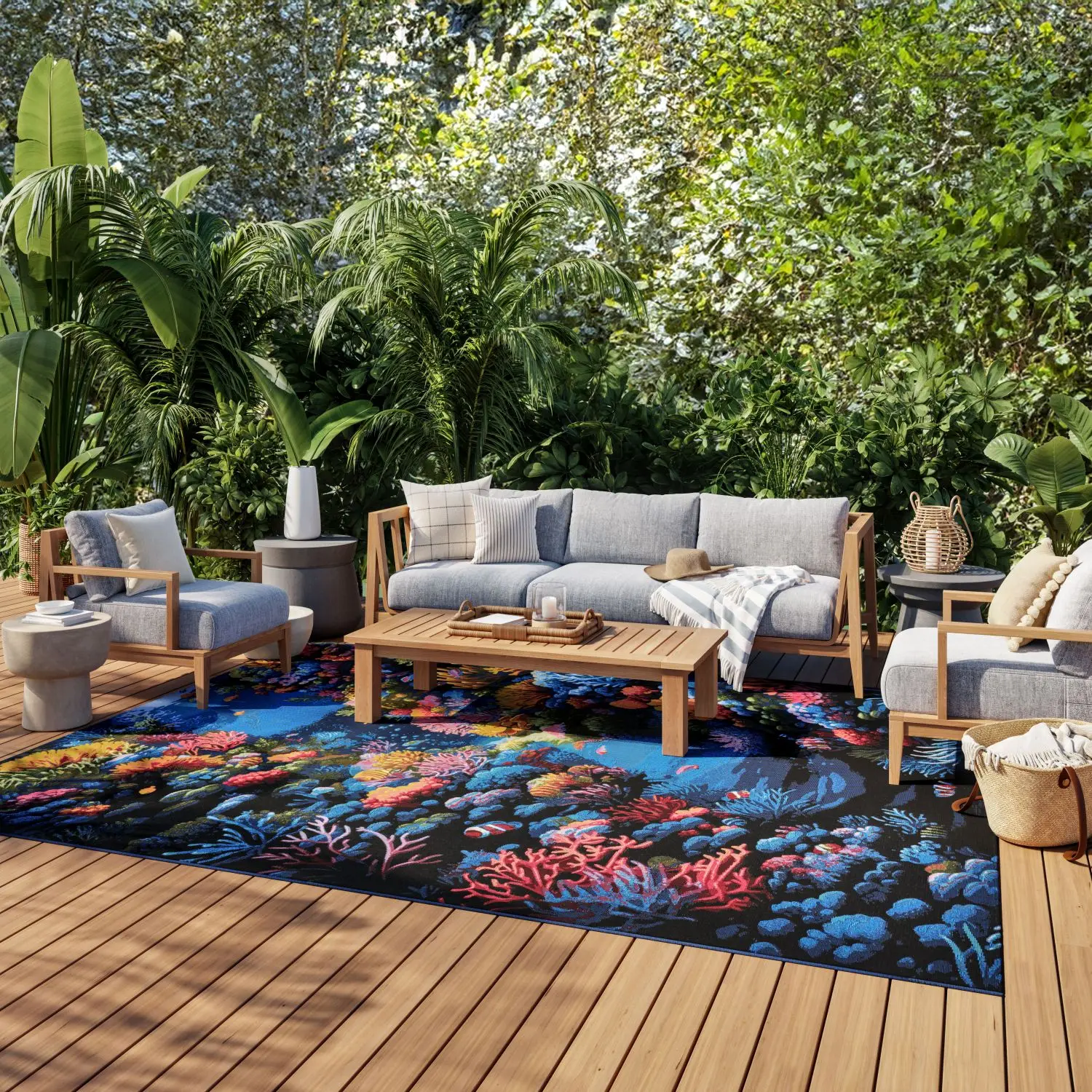 Nourison Color Splash Ocean Multicolor Indoor-Outdoor Flatweave Area Rug - Living Room Decor, Underwater Nautical Fish-Themed Garden Look Accent Rug