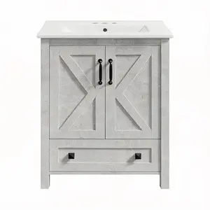 Modern Bathroom Vanity Set – 30 Inch Freestanding Cabinet with Ceramic Basin, 2 Doors & 1 Drawer, Waterproof & Easy Assembly, Pre-Drilled, White or Grey Finish