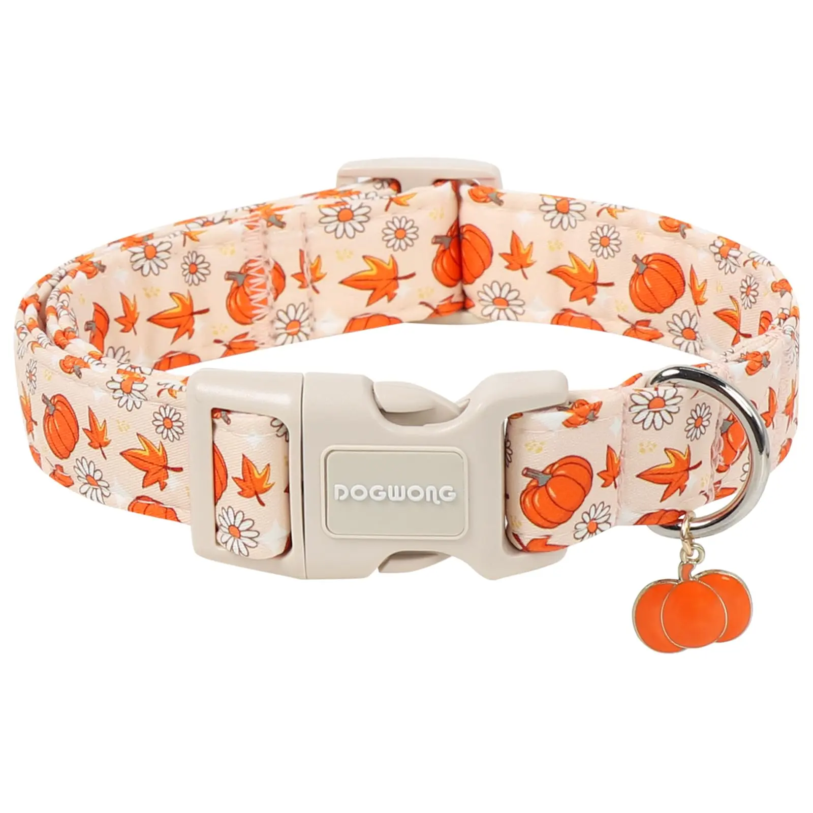 DOGWONG Fall Pumpkin Dog Collar with Cute Charms, Adjustable Beige Maple Puppy Necklace with Safety Lightweight Buckle for Small Medium Large Dogs