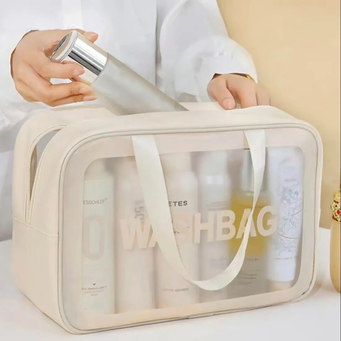 Large Makeup Bag for Women, Waterproof Dry Wet Separation, Gym Wash Bag, Beach Portable Shower Bag, Travel Cosmetic Bag, Cosmetic Travel Bags, Large Capacity Storage Bag, Cosmetics Organizer, Transparent Vanity Bag, Travel Essentials