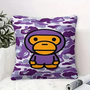 Stylish Cartoon Monkey Throw Pillow with Digital Print, 45cm Square with Inner Cushion Vibrant Purple & Light Gray Camouflage Background, Unique Design with Orange Accents, Ideal for Trendy Streetwear-Inspired Home Decor, Sofa & Bedroom