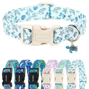 ARING PET Summer Dog Basic Collar - Cute Blue Ocean Sea Turtle, Crab, Starfish Design for Small, Medium, Large Dogs, Ideal for Beach Walking, Daily Photos summerwins