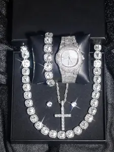 Rhinestone Decorated Watch & Fashionable Jewelry Set, Including Necklace & Bracelet & Ring & Earrings, Fashion Jewelry for Party, Trendy All-match & Exquisite Jewelry for Birthday Gift