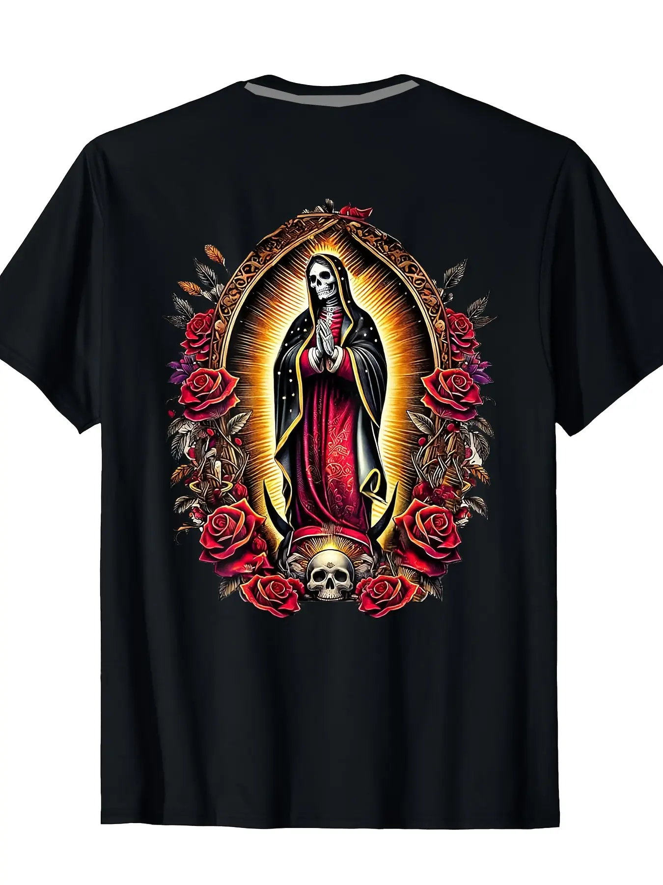 Holy Death Mexican Chicano Gothic Floral Graphic T-shirt - Unisex black crew neck short sleeve casual fitted streetwear, Casual Graphic Top, red and gold altar design, Day of the Dead attire.