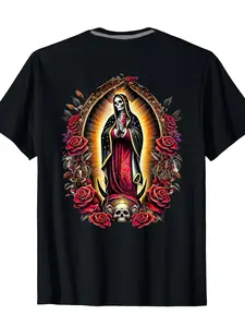 Holy Death Mexican Chicano Gothic Floral Graphic T-shirt - Unisex black crew neck short sleeve casual fitted streetwear, red and gold altar design, Day of the Dead attire.