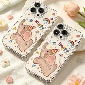 Graffiti Happy Little Elephant Phone Case, Transparent Cute Soft Phone Protective Case