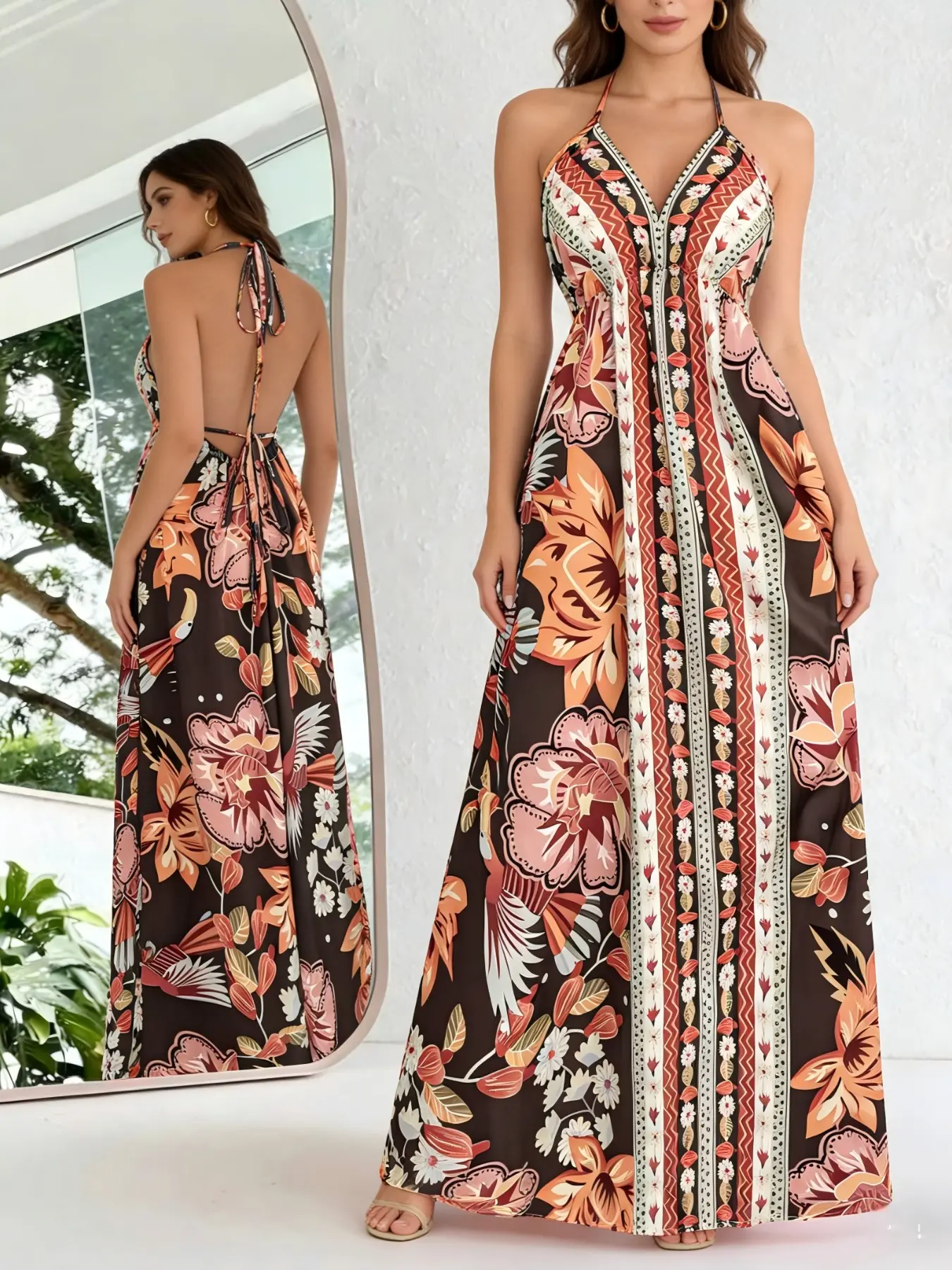 Deep V Neck Backless Dress, Boho Floral Vintage Print High Waist Flowy Maxi Summer Dress, Vacation Beach Dress, Slimming Conceal Fat, Travel Photo Dress, Lightweight Casual Beachwear, Boho Long Dress