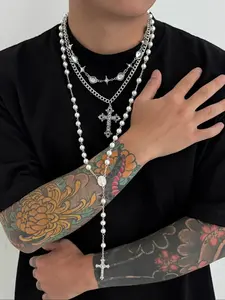 Trendy Hip-Hop Starburst Cross Imitation Pearl Y-Shaped Pendant Necklace Set, Casual Vintage Design Jewelry Gift for Men