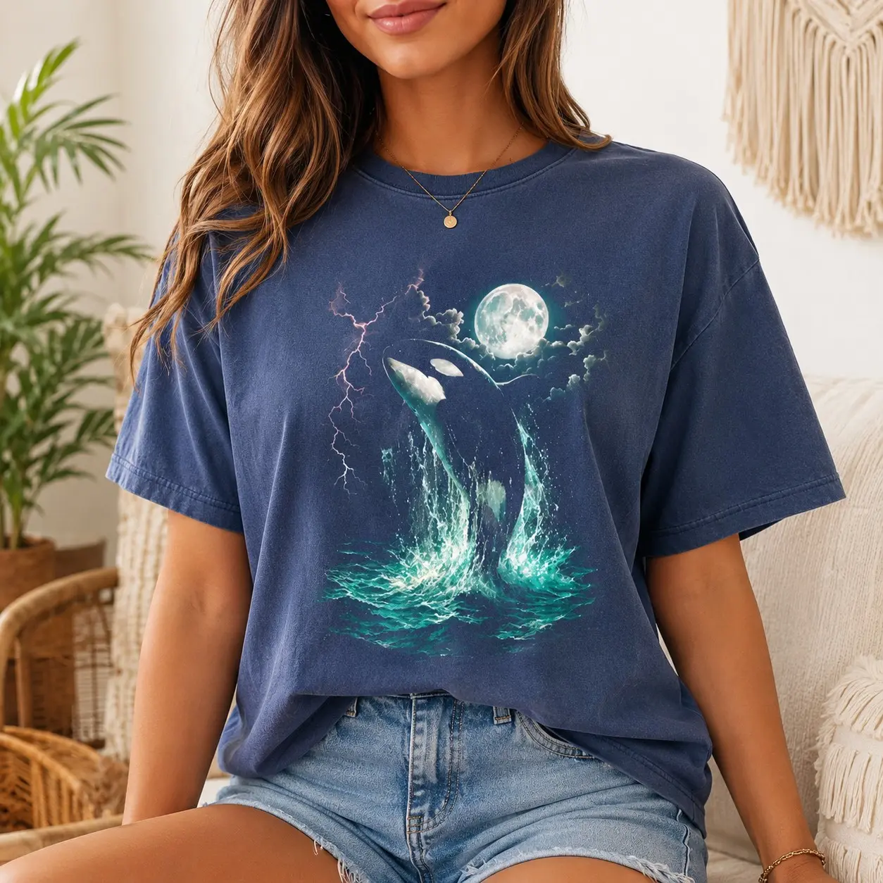 omfort Colors Whale Jumping Lightning Sweatshirt Winter Vacation, Vintage Sea Life Moon Graphic Top Ocean Gifts